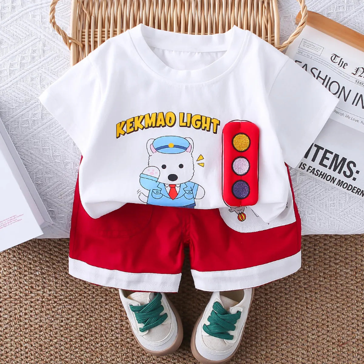2025 Boys' Traffic Bear Summer Set β Red Shorts Edition